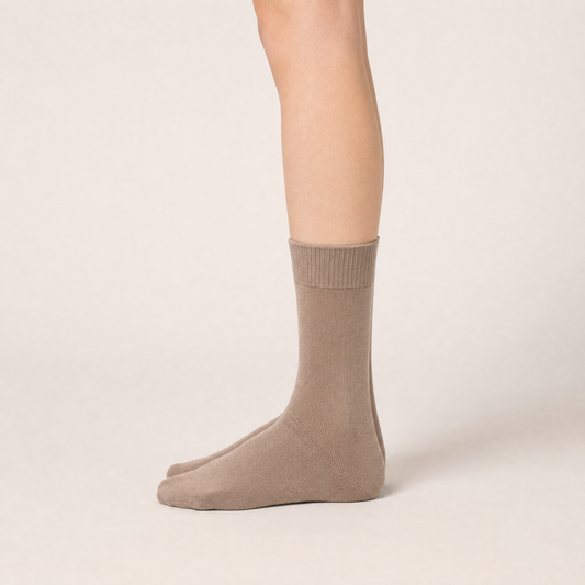 Taupe cotton crew socks worn, side view