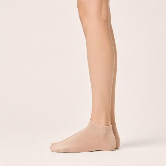 Sheer nude ankle socks worn, side view