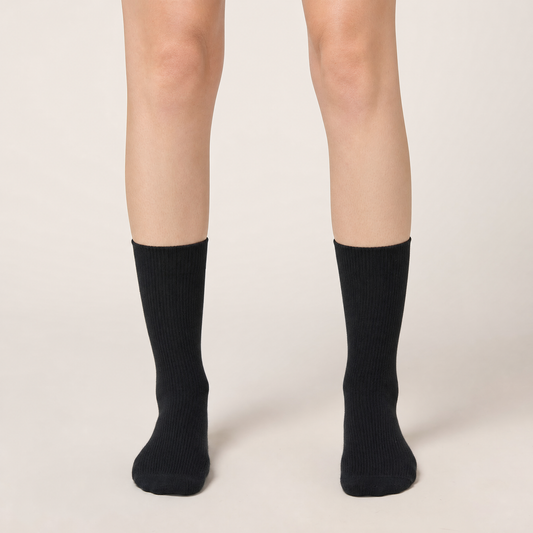 Black ribbed trouser socks worn, front view