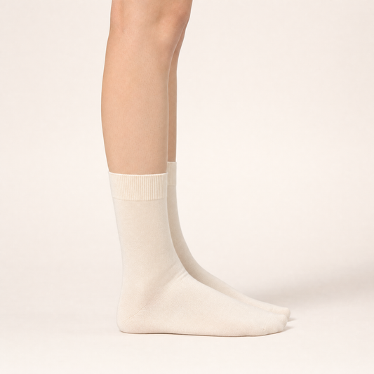 Ivory dress crew socks worn, side view
