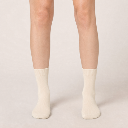 Ivory dress crew socks worn, front view