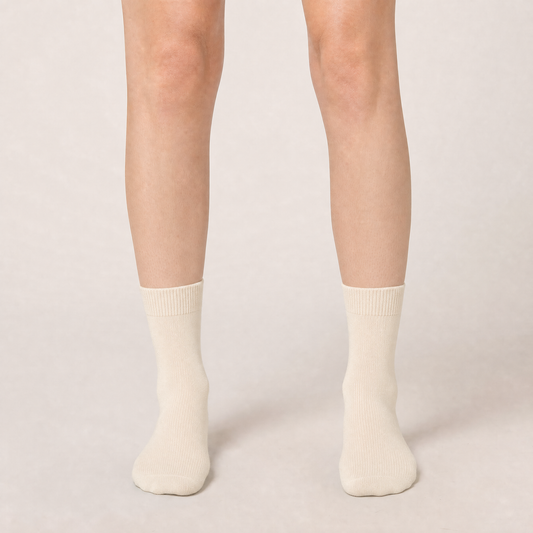 Ivory dress crew socks worn, front view