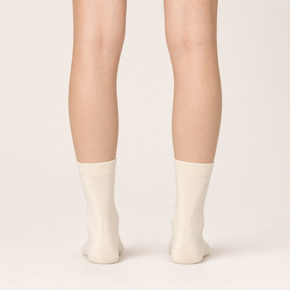 Ivory dress crew socks worn, back view