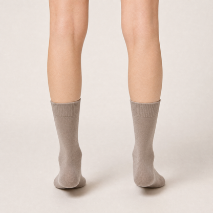 Taupe cotton crew socks worn, back view
