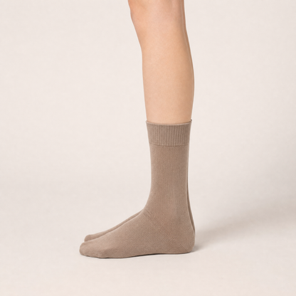 Taupe cotton crew socks worn, side view
