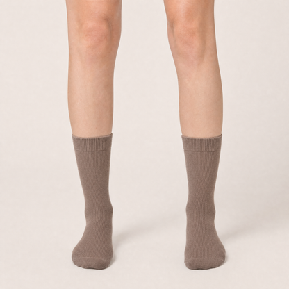Taupe cotton crew socks worn, front view