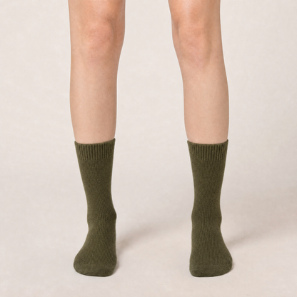Olive merino crew socks worn, front view